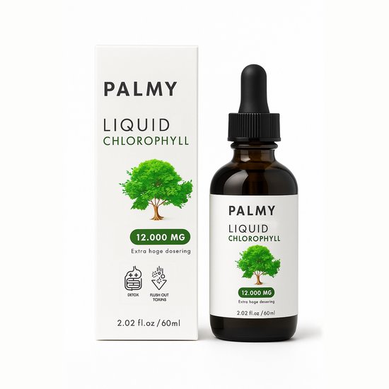 Flesje PALMY Liquid Chlorophyll en bijbehorende doos, met een afbeelding van een groene boom en tekst.