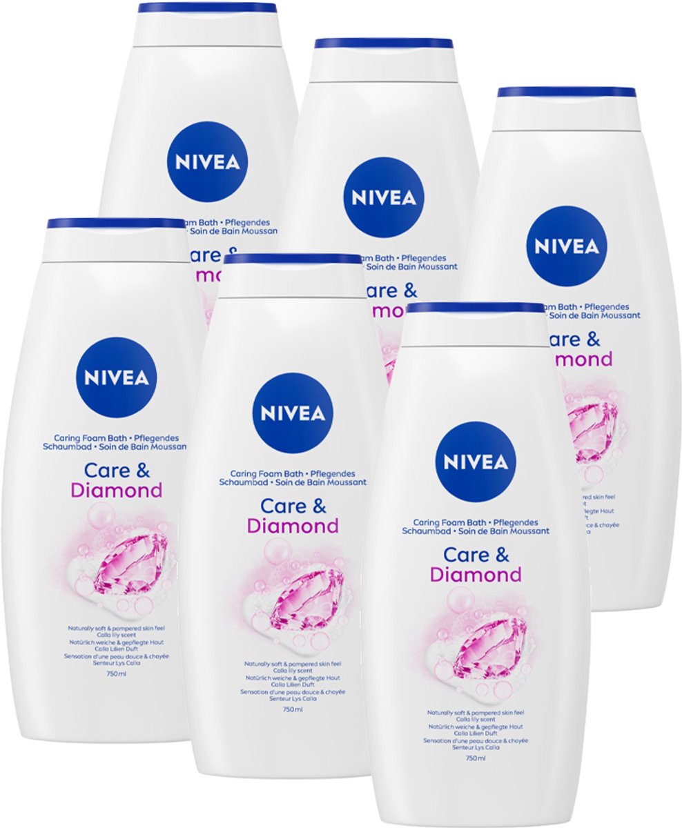 NIVEA Care & Diamond Badschuim - Diamantenglans & Calla-leliegeur - Hydraterende - Voordeelverpakking - 6 x 750 ml