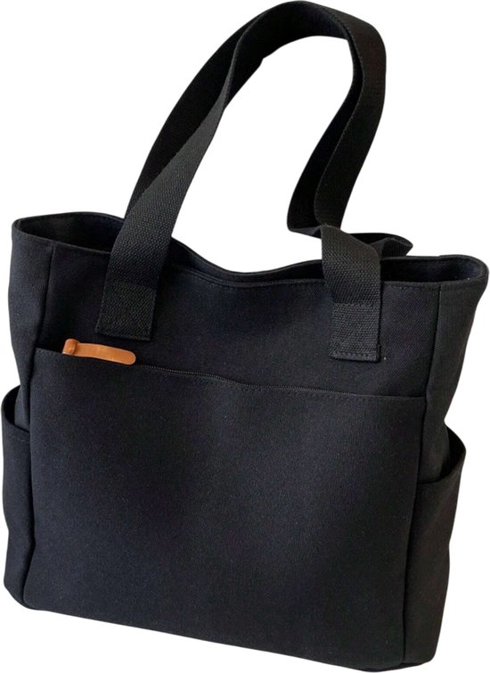S&E Vintage Tote Bag met Meerdere Vakken – Ruim, Praktisch & Ideaal voor School of Reizen - Zwart