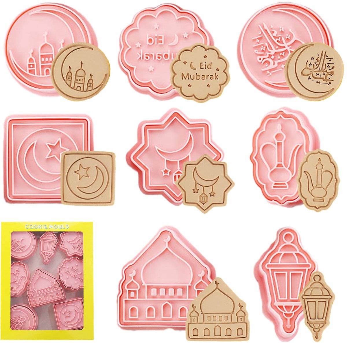 Eid Mubarak koekjesvormpjes, koekjesvormpjes, kinderkoekjesvormpjes, 8 stuks Ramadan stempel, koekjesvormpjes, 3D moslim koekjesvormpjes, koekjesvormpjes, fondant, taartdecoratie, bakken