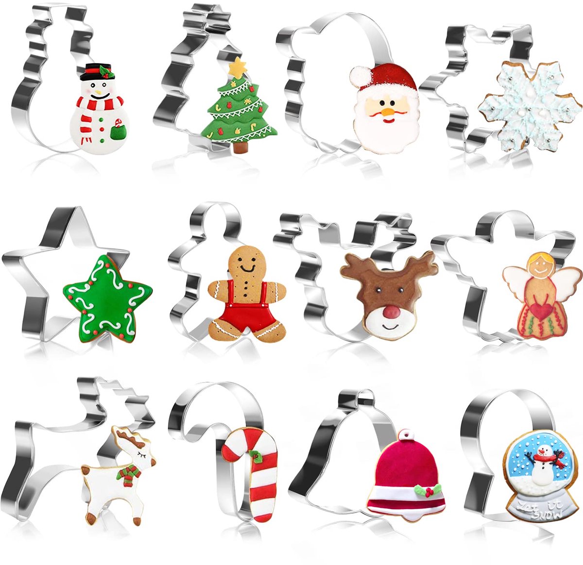 Alintor Kerstkoekjesvormpjes, 12 stuks koekjesvormpjes van roestvrij staal, koekjesvormpjes voor adventskalendervulling, set voor fondantkoekjes, bakken en taartdecoratie