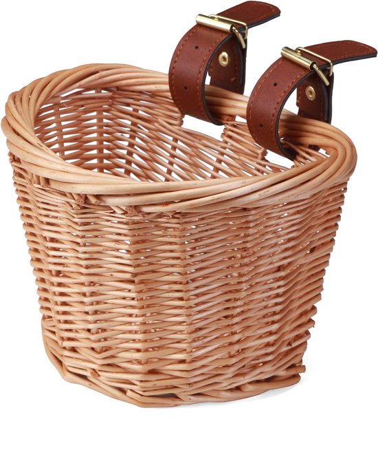 Ronde rotan mand met bruine leren riemen met gespen om te bevestigen.