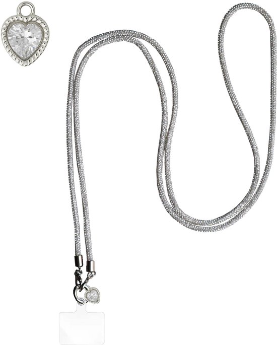 ADEL Universeel Telefoonkoord met Extra Lengte voor Crossbody - Telefoonketting 152 cm - Stevig Koord Telefoon en Smartphone - Geschikt voor o.a. iPhone, Google Pixel, Samsung, Lenovo en Xiaomi - Bling Glitter Zilver