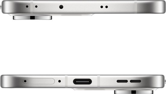 Zijaanzichten van een witte Oppo telefoon, tonen de poorten en cameralens.
