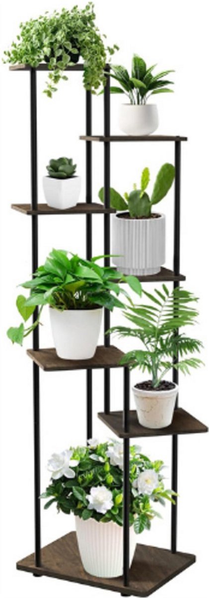 Thuys – Plantenstandaard 7 Niveaus 150 Cm – Metalen Plantenrek – Met Houten Legplanken – Zwart