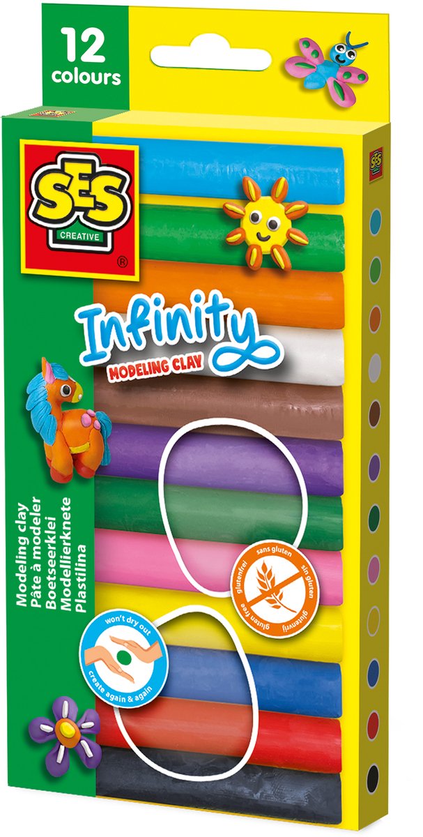 SES - Infinity boetseerklei - 12 kleuren was klei (180gr) - droogt niet uit - heldere kleuren - glutenvrij