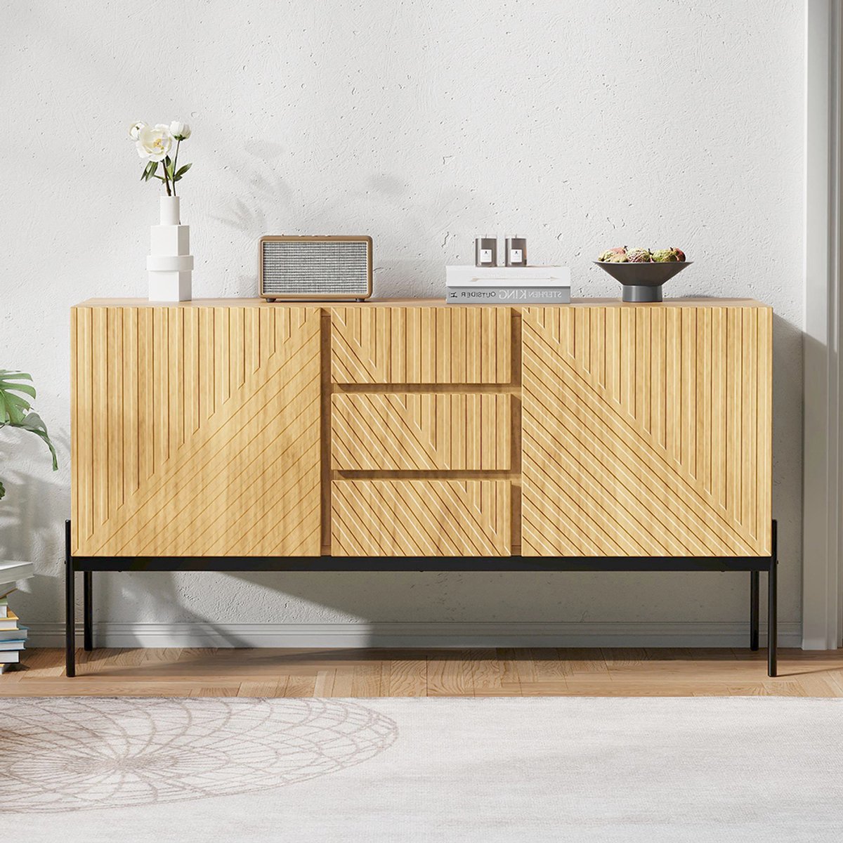 Pugsdrly Dressoir met 2 deuren en 3 lades, metalen poten, tv-meubel, buffetkast, ladekast 