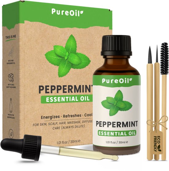PureOil – Huile essentielle de menthe poivrée – 30 ml – 100 % Puur, naturelle et végétalienne – Huile essentielle de menthe poivrée pour la peau | Visage | Clous | Araignées | Cuir chevelu | Diffuseurs | Aromathérapie - Huile de menthe poivrée