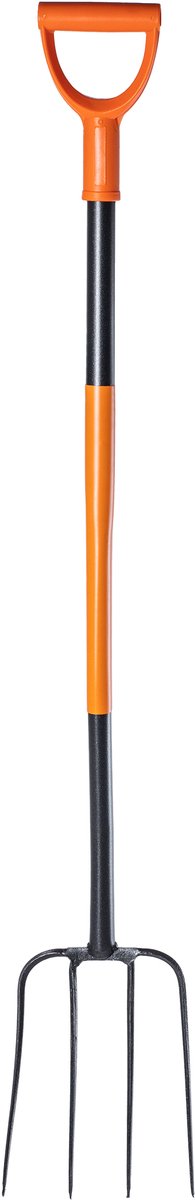 KADAX Spatvork van staal, 132 cm lange vork, hooivork, grafvork om te graven, ergonomische tuinvork, mestvork, vork met D-greep, tuinvork (4 tanden, zwart/oranje)