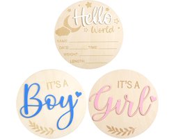 3Pc Baby Announcement Sign - Gender Revealing Wooden Sign - Acrylic Hello World Newborn Birth Baby Name Plaques - It's A Boy - It's A Girl - Baby Arrival Sign voor Baby Show