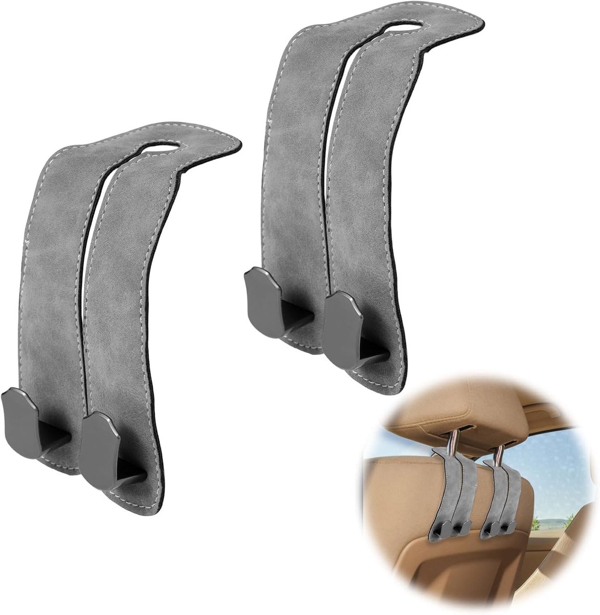 Image of 2pcs Auto Haak voor Hoofsteun - 2-in-1 Auto Haak Leeropslag Haak voor Auto Zitplaats Achter - Auto Zitplaats Haken voor Handtassen en Tassen - Dubbele Auto Haak Hangers Accessoire voor Spullen Organisatie