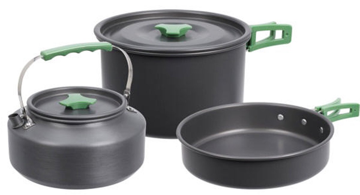 Redcliffs Outdoor Camping pannenset - 3x - aluminium/RVS - zwart/groen - kamperen