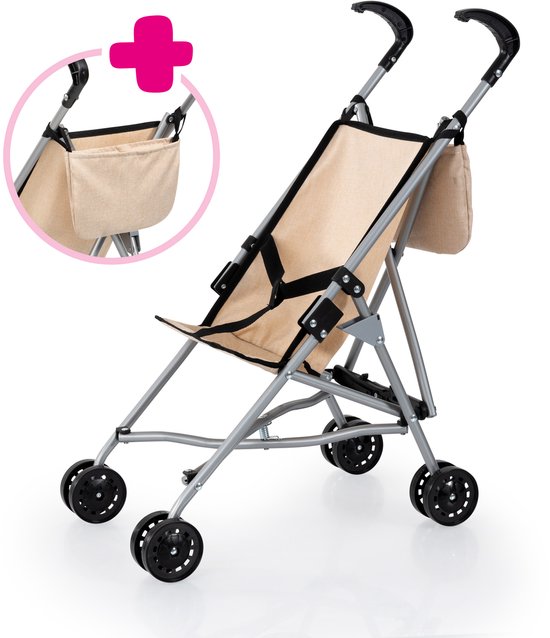 Lichtbruine poppenwagen met stoffen zitting en tas, zilverkleurig frame, zwarte handvatten en wielen. Inzet toont de tas.