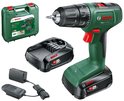 Bosch EasyDrill 18V-40 accuboormachine met 18V accu, oplader en groene opbergkoffer.