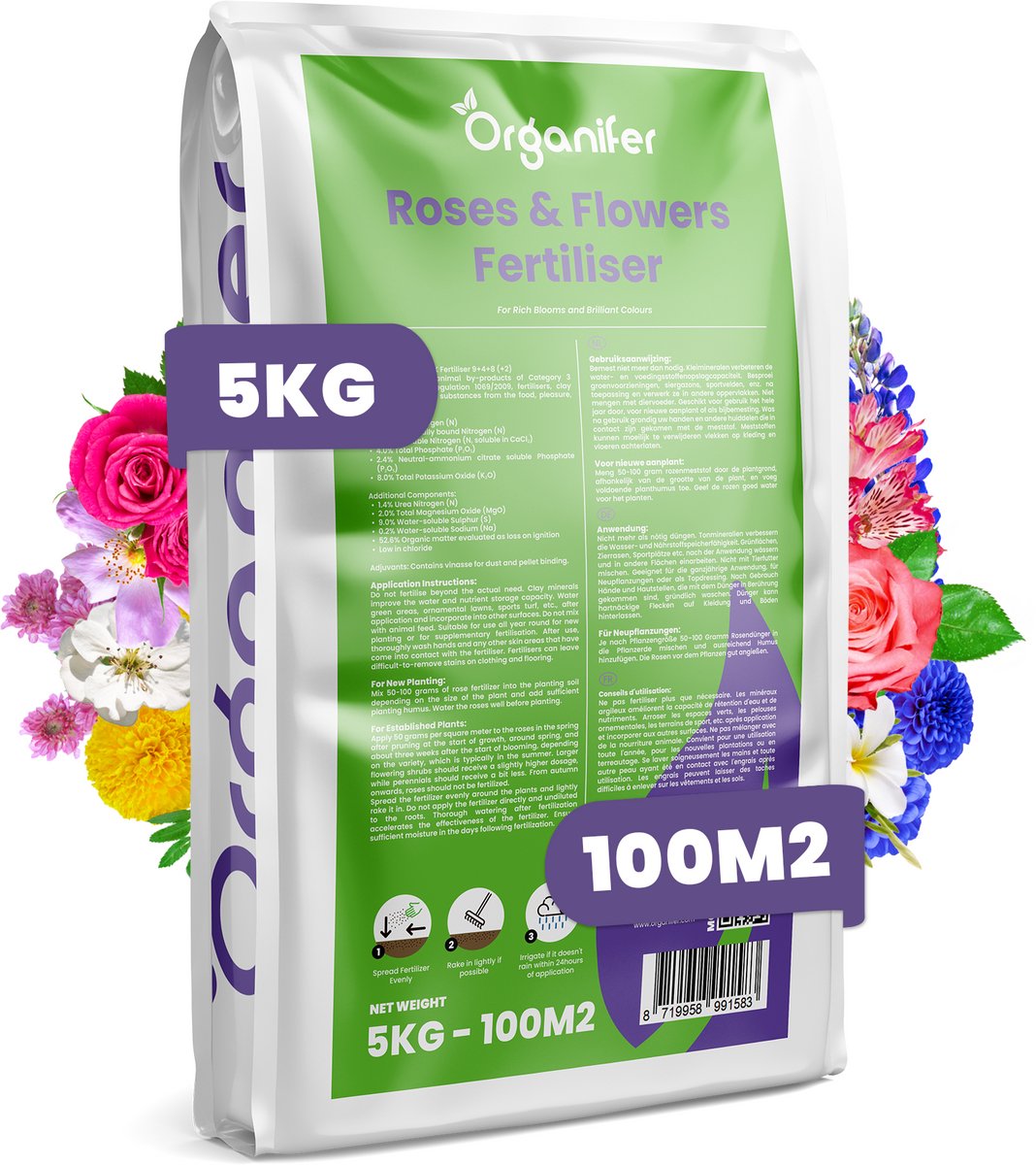 Rozen & Bloemen Meststof All-In-One - 5 Kg Voor 100 M² - Bevordert Rijke En Langdurige Bloei - Sterke Wortelgroei - Verbetert De Bodemstructuur - Langdurige Werking - Verrijkt Met Magnesium - Organifer