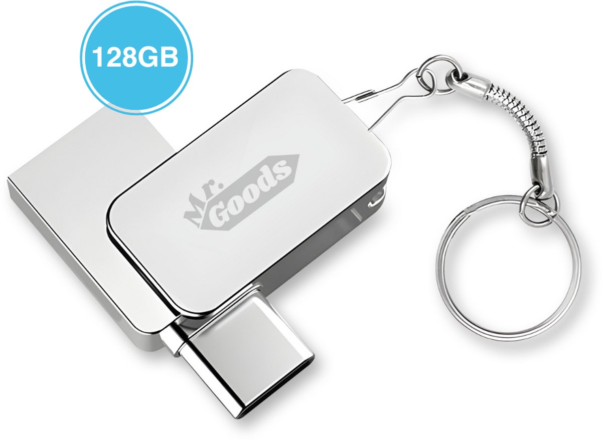 MrGoods USB Stick 128GB - USB-C & USB-A - USB 3.0 - Tot 100MB/s (800 Mbps) - Aluminium - Mobiele Opslag - A-grade Chip - Plug & Play - Voor Alle Smartphones, Tablets & Laptops