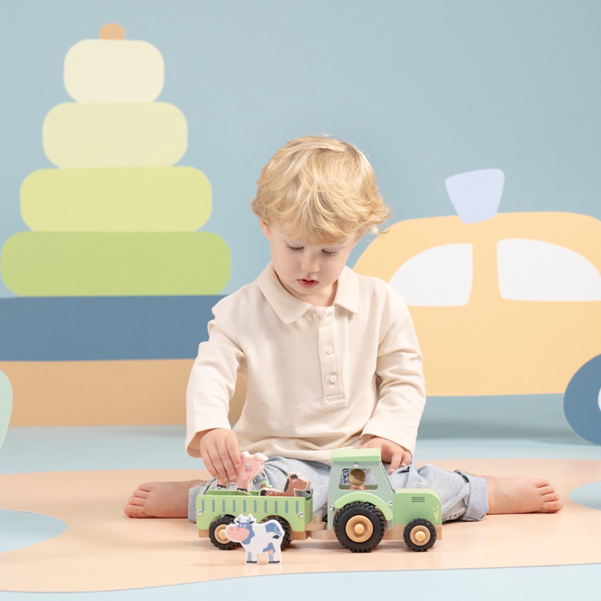 Woet® Houten Tractor met Aanhanger - Inclusief 5 Boerderijdieren - Groen - Educatief Speelvoertuig - Rollenspel Speelgoed - Vanaf 18 Maanden — afbeelding 5