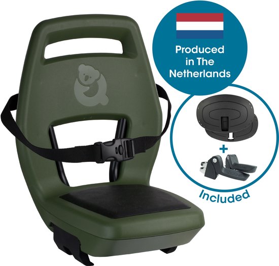Siège de vélo vert pour porte-bagages avec assise noire, sangle et logo koala. Protections de pieds incluses.