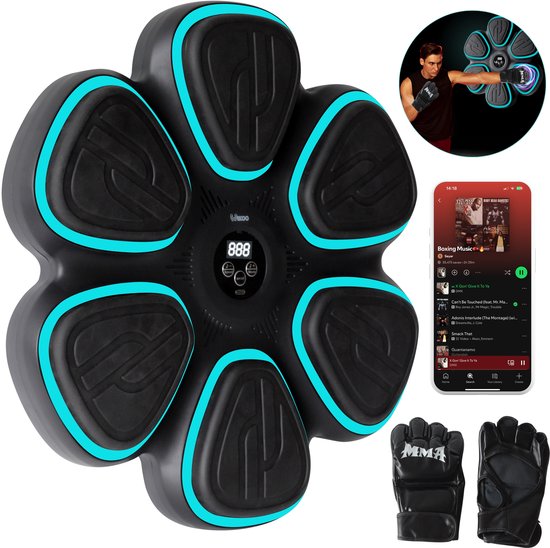 Wikoo® Boxing Machine met Muziek, Licht & 9 Snelheidsstanden – Boxmachine voor Kinderen & Volwassenen – Boksmachine Veilige Zachte TPR Bokszone – Boksmachine aan de muur – Boksbal – Boksbal – Muziek boksmachine – Inclusief bokshandschoenen