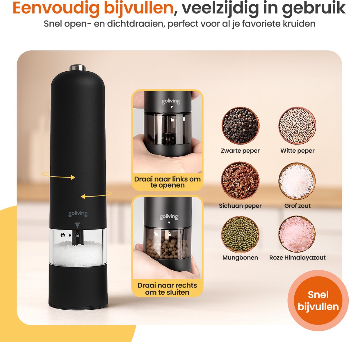 Goliving Elektrische Peper en Zoutmolen Set - LED Licht - Op Batterijen - Pepermolen - Zoutmolen - Peper en Zoutstellen - Kruidenmolen - Zwart — cadeau in Kookcadeaus - foto 6