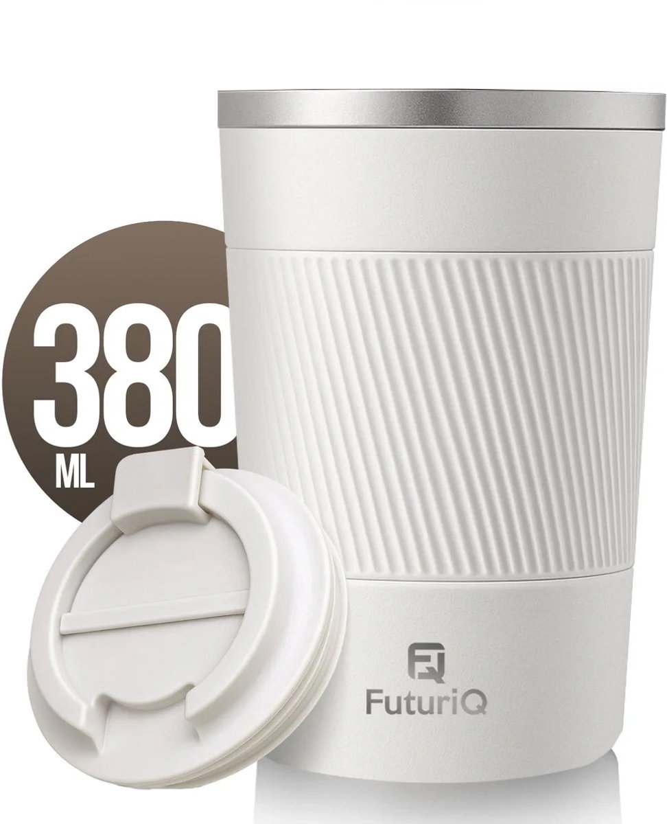 Thermosbeker 380ml – Dubbelwandige RVS Koffiebeker to go – Herbruikbare Beker Onderweg – Lekvrij & Isolerend – Wit – FuturiQ