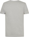 Grijze katoenen T-shirt met ronde hals en korte mouwen, achterkant.