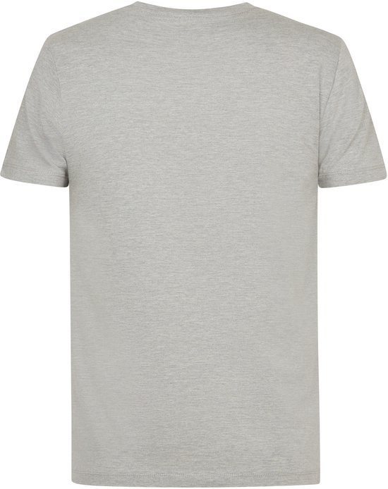 Grijze katoenen T-shirt met ronde hals en korte mouwen, achterkant.