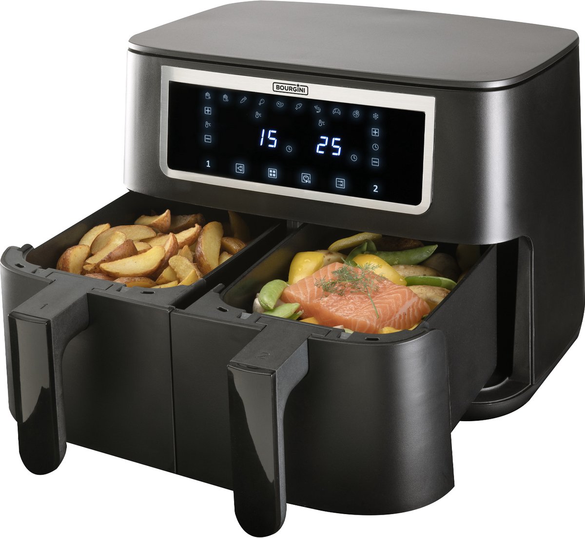Afbeelding 2 van Bourgini Duo Heteluchtfriteuse 2 x 4.0L - PFAS vrij - Airfryer XXL - 2 laden met synchronisatie functie - Touchscreen - 8L - 2600W - Zwart