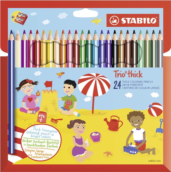STABILO Trio thick 24 dikke kleurpotloden in heldere kleuren, verpakt met een strandtafereel.