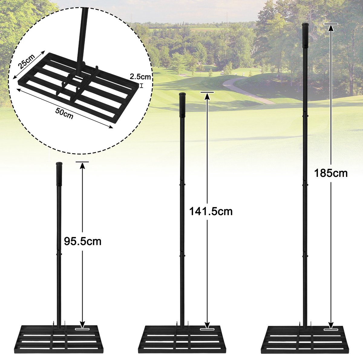 Râteau De Nivellement De Pelouse En Métal 75x25 Cm Avec Manche Acier 185 Cm - Raclette à Gazon Professionnelle Pour Jardin