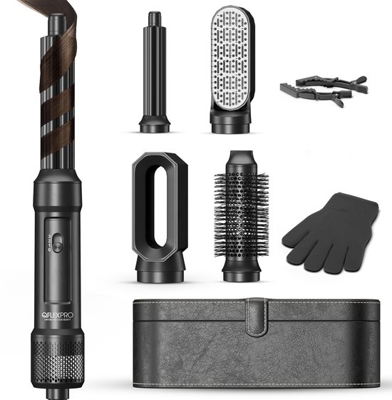 QFLEX PRO® Airstyler - Fer à boucler - Brosse sèche-cheveux - Airstyler - Brosse à boucler - Brosse lissante - Brosse à boucler - Multistyler - Sèche-cheveux - Brosse à air chaud - avec boîte de rangement et 2 pinces à cheveux