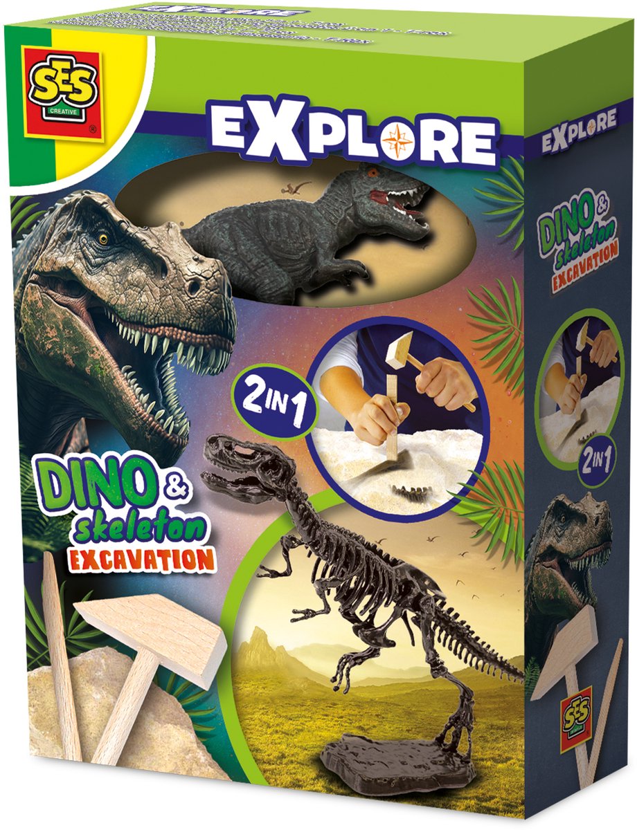 SES Creative - Explore - Dino en Skelet Opgraven 2 in 1 - T-rex - Bikblok met Skelet - Complete set met Houten Hamer en Beitel - Dinosaurus Speelgoed