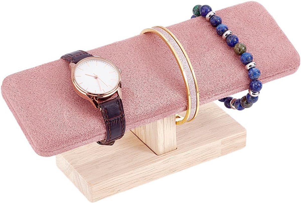 Houten Horloge Display Stand - Velvet T-Bar Armband Houder - Haar Tied Roze Sieraden Organizer - Horloge Organizer - Sieraden Display - Anklet Toren Rack voor Verkoop en Thuisgebruik