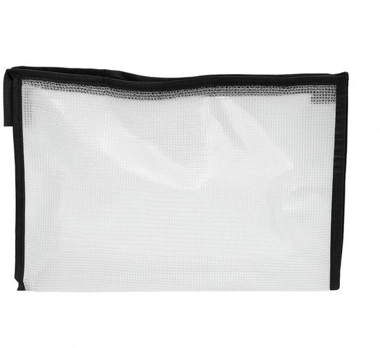Transparante mesh etui met zwarte rand, A4 formaat.