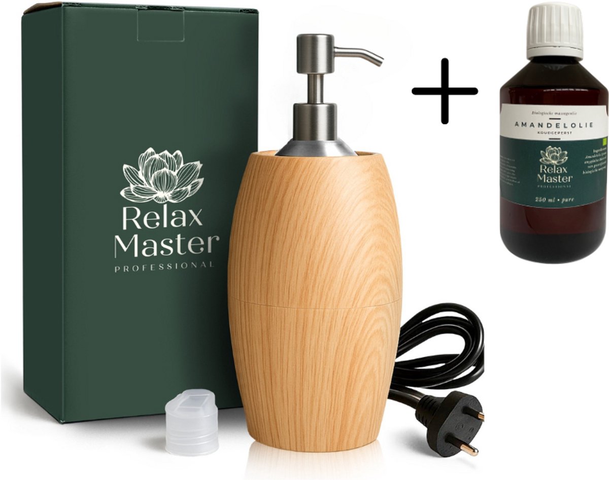 Goedkoopste Relax Master ® Massage Olie Verwarmer Flaming - Inclusief dispenser en 250 ml Biologische Amandelolie