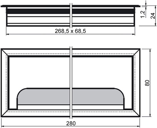 Technische tekening van de zilverkleurige kabeldoorvoer met afmetingen.