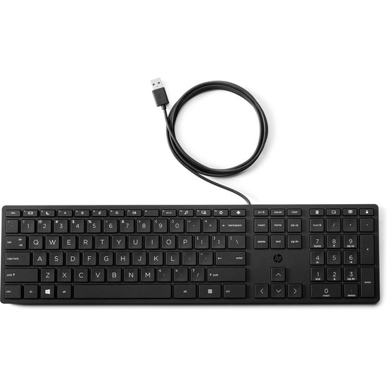 Zwart HP toetsenbord met numeriek gedeelte en opgerolde USB-A kabel.