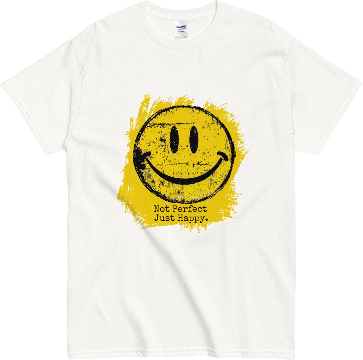 Not Perfect Just Happy T Shirt - Dames en Heren - Grunge Smiley Opdruk - Wit - XL