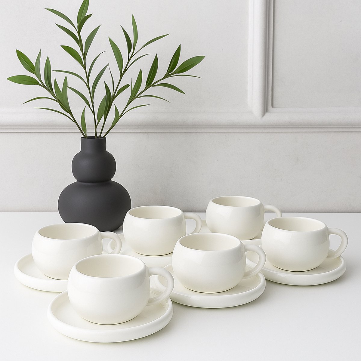 Mevaz Chubby 12-delige Koffiekopjes - Theekopjes Set – Porselein – 200 ml – Met Schotels – Rond Design – Wit