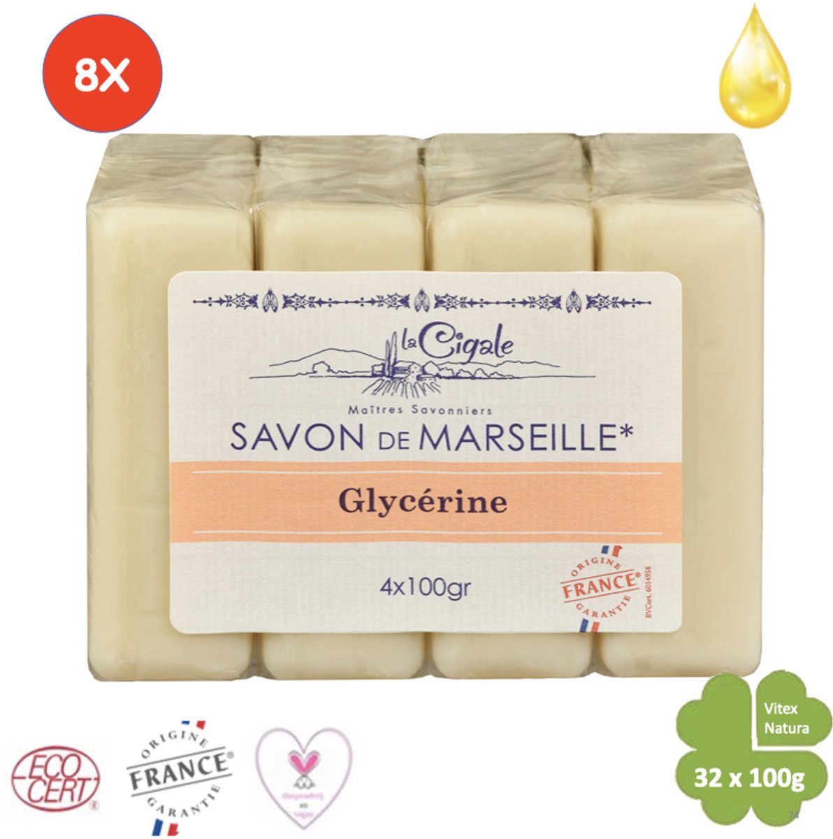 Savon de Marseille 3.2 kg Glycèrine zeep | 8 pakjes a 4X100g | Le Cigale