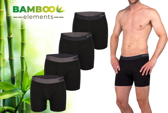 Vier zwarte boxershorts met grijze band, en een man die een zwarte boxershort draagt. Bamboe-elementen logo.