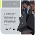 Close-up van een zwarte KCD4 tuimelschakelaar die aan- en uitgeschakeld wordt. Text met uitleg over de werking.
