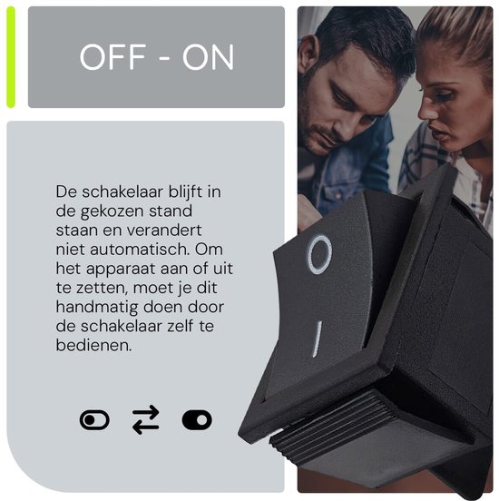 Close-up van een zwarte KCD4 tuimelschakelaar die aan- en uitgeschakeld wordt. Text met uitleg over de werking.