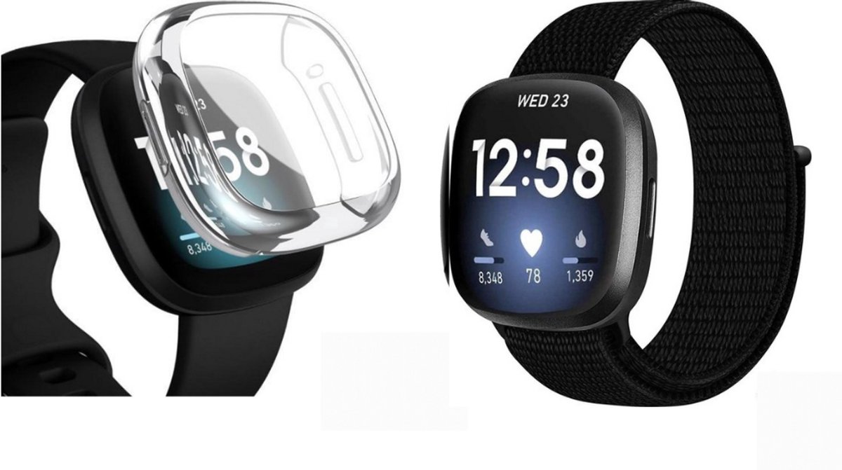 Strap-it Bundel geschikt voor Fitbit Versa 3 - Bundel van Nylon band & TPU Case - Zwart