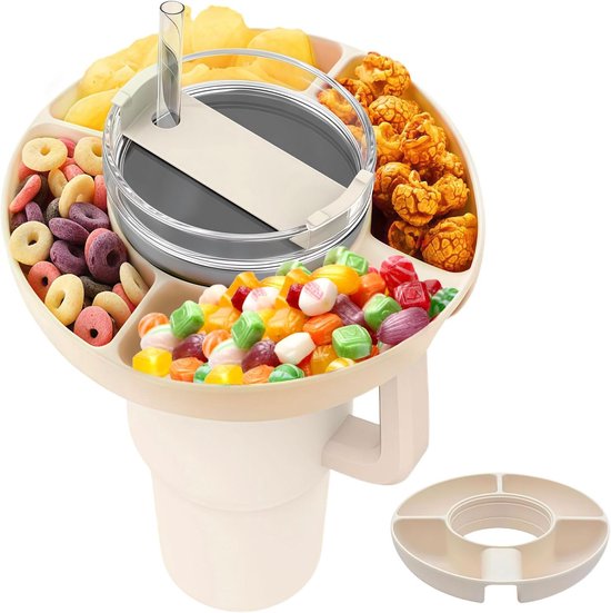 Xevinas Snackbord, snackbord met deksel voor Stanley Cup, 100 ml, snackspinner, snackschaal, compatibel met Stanley Quencher, 100 ml tumbler met handvat, siliconen snackdienblad met 4 vakken, beige