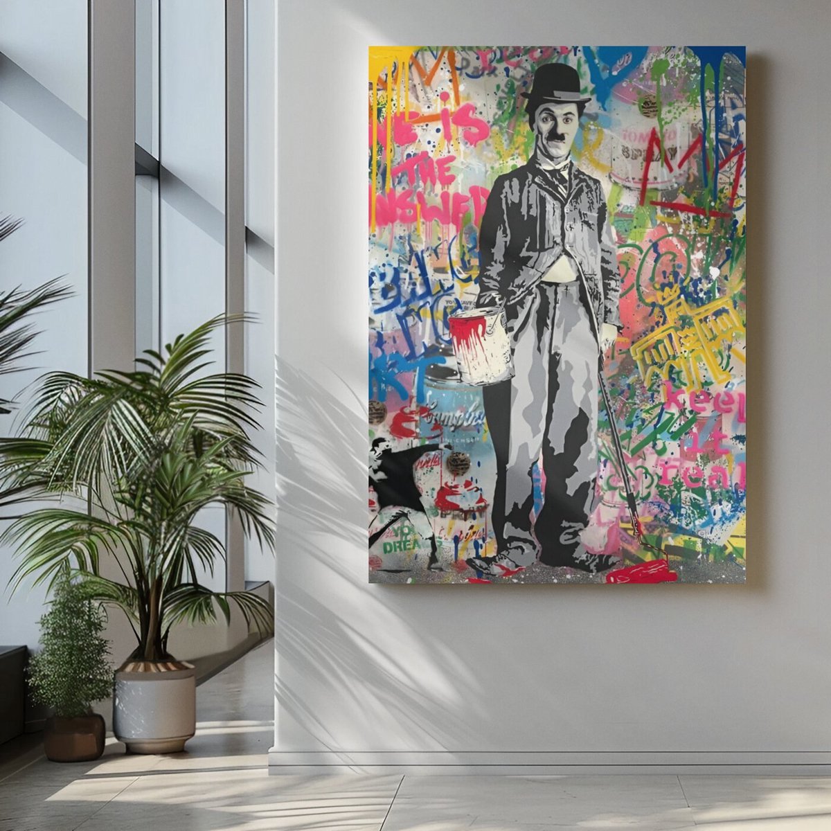 Trendex Global Canvas Schilderij - Graffiti Charlie Chaplin - 120x80 cm - Modern Wanddecoratie - Kunst aan de Muur Kleurrijk
