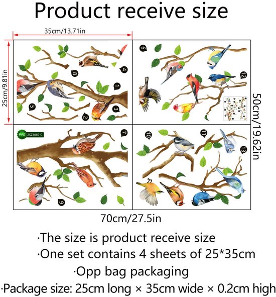 Afmetingen van muurstickers: 70x50 cm. Bevat 4 vellen van 25x35 cm met diverse vogels op boomtakken.
