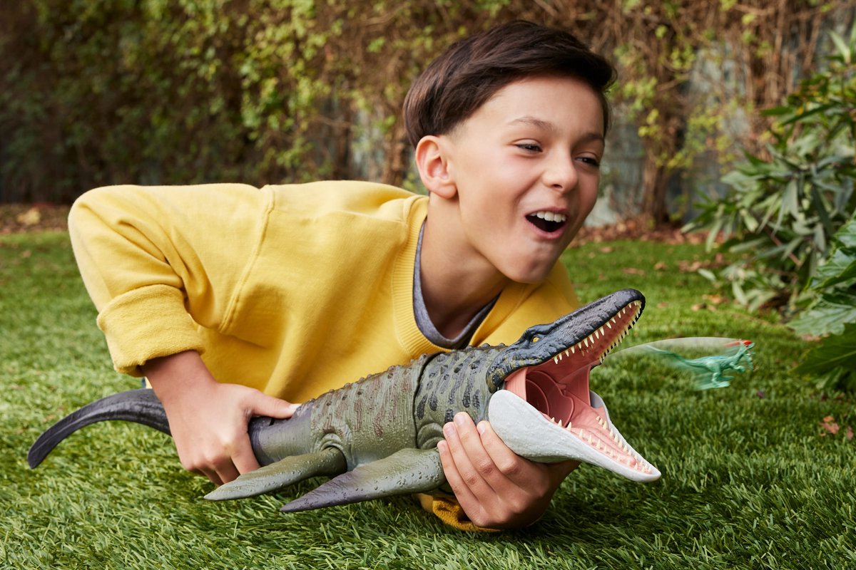 Jurassic World Rebirth Bijtende en Explosieve Mosasaurus, actiefiguur en mini-Dilophosaurus, dinosaurusspeelgoed met kaken die ver open kunnen, beweegbaar, ziet eruit als in de film — afbeelding 3