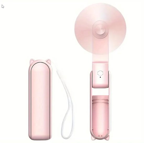 Compacte handventilator met powerbank 2000mAh, 3 snelheden, opvouwbaar, stil, roze, bureau- en reisventilator