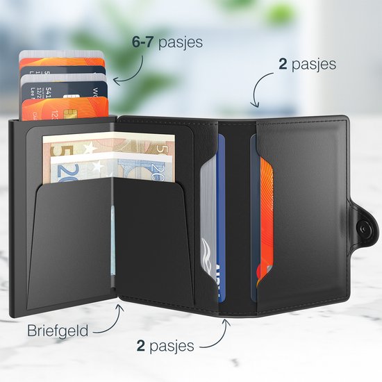 Open zwarte Hëndig pasjeshouder met plek voor briefgeld en 9 pasjes (6-7 in het uitschuifbare deel, 2 in de vouwbare delen).